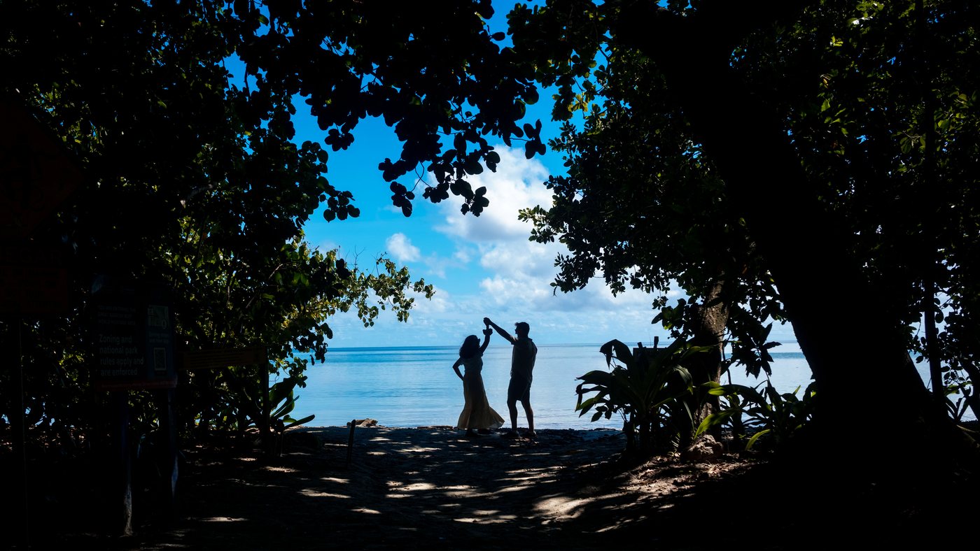 The couple silhouetted on the beach, framed by the dark rainforest canopy